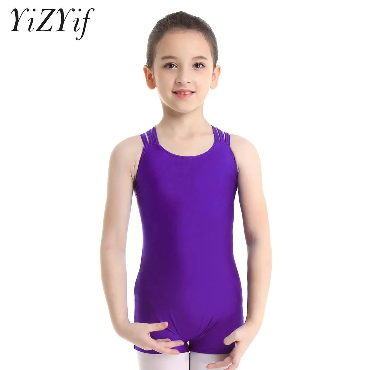 

Kids Girls Gymnastics Training Ballet Dance Leotard Sleeveless Solid Color Biketard Cross Strap Back Sport Bodysuit Jumpsuit
