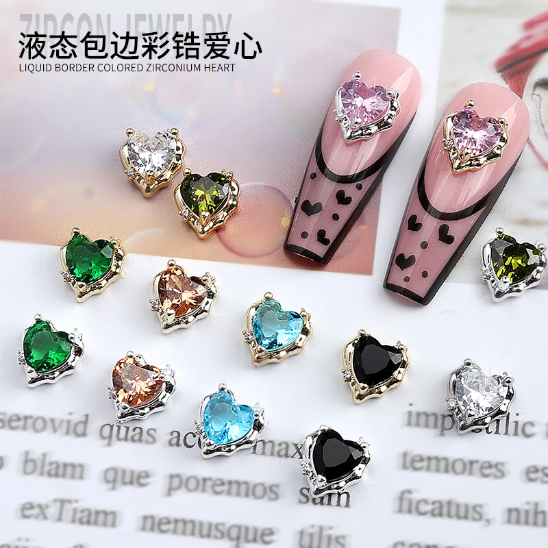 

3PCS Glitter Ice Translucent Love Heart Crystal Diamonds Liquid Alloy Edge Nail Art Rhinestones Decorations Manicure Ornaments