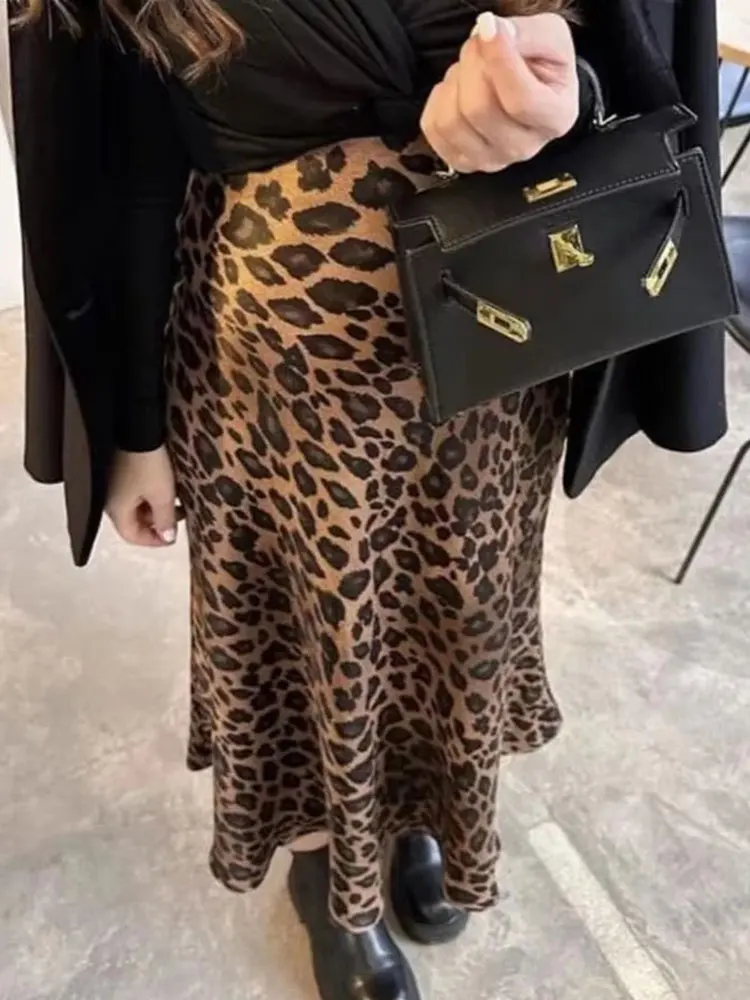 HH Women Vintage Leopard Print Skirts Summer High Waist Side Zipper Slim Skirts Female Fashion Streetwear Midi Skirt