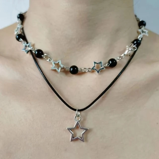  Fashion Double Layered Black Bead Star Choker Necklace Punk Pentagram Leather Rope Necklaces For Women Girls Gift