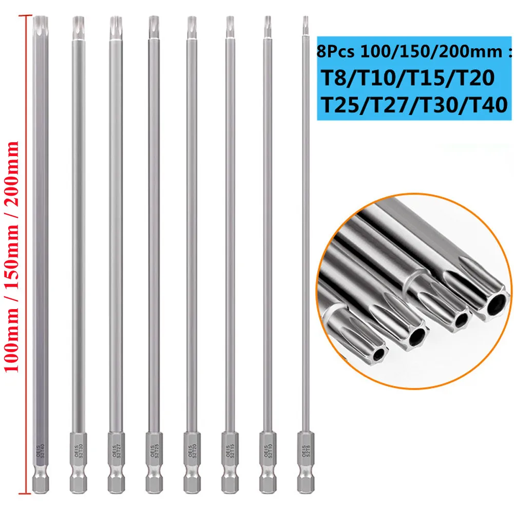 8Pcs Torx Screwdriver Bit 1/4'' Shank Hex Wind Drill Head 150mm 200mm Screw Wrench Magnetic Star T8 T10 T15 T20 T25 T27 T30 T40 2