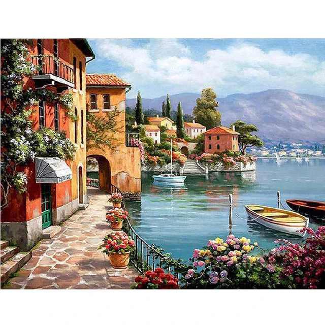 Diamond Painting House Scenery 5D Diamond Mosaic Seaside Landscape Rhinestone Embroidery Full Round Drill Home Decor CY-FJ02491-AE5