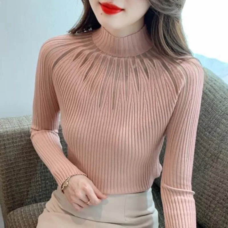 Autumn Winter Turtleneck Women's Pullover Solid Gauze Screw Thread Long Sleeve Sweater Knitted