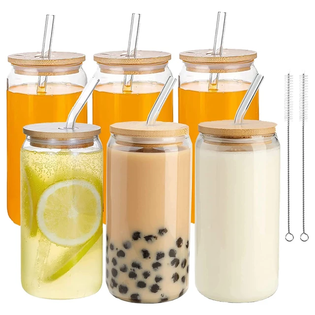 6Pcs Set ] Glass Cups With Bamboo Lids And Glass Straw - Beer Can Shaped Drinking  Glasses, 16 Oz Iced Coffee Glasses - AliExpress