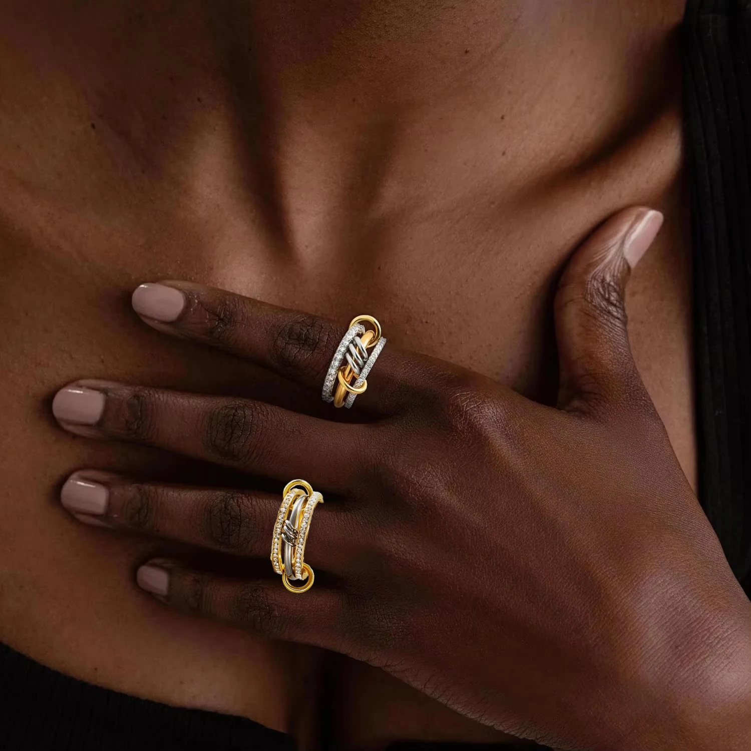 Stainless Steel Cubic Zirconia Stackable Rings for Women 18k GoldPlating Multi-Link Connected Statement Ring Stack Jewelry
