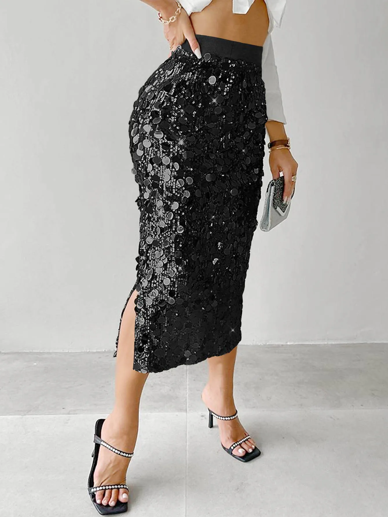 Women's Solid Color Sequin Midi Skirt High Waist Bodycon Sparkly Pencil Skirt Elegant Party Skirt For Evening Event & Dating