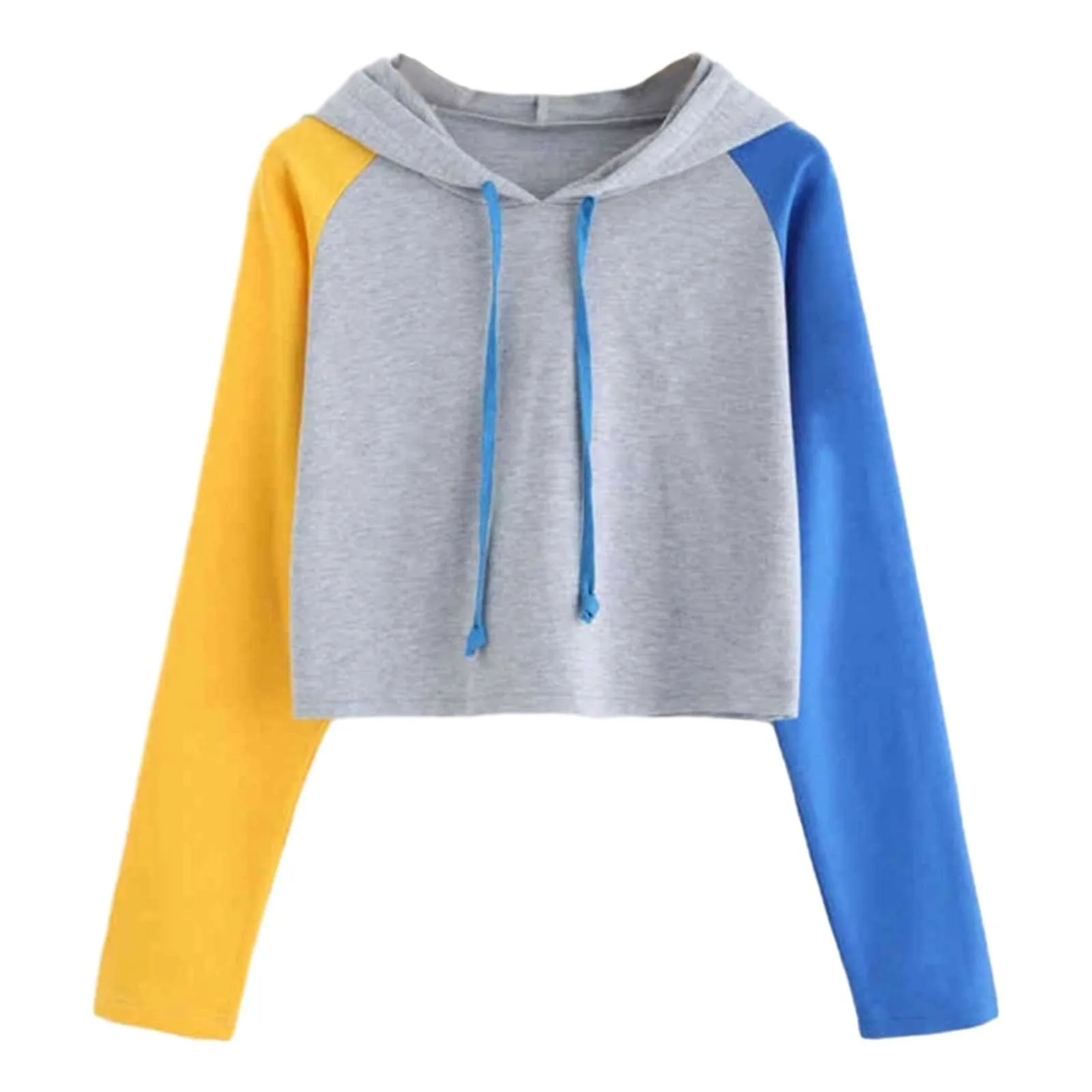

Women Top Color Blocked Hooded Long Sleeved Casual Versatile Short Sweatshirt 2023 New Girls Streetwear Fashion Autumn Top
