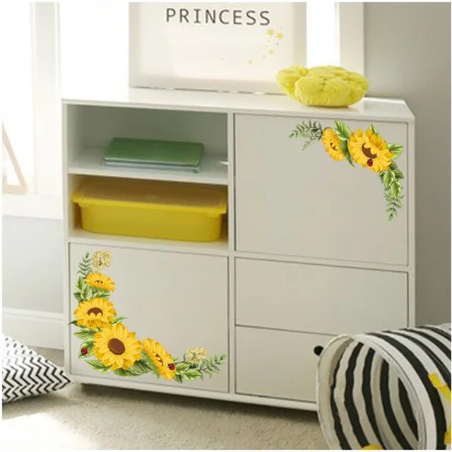 Sárga Napraforgó Fali Matrica Ablak Átlós Pvc Szekrény Dekoratív Virág Hűtőszekrény Dekoráció Matricák - Image 2