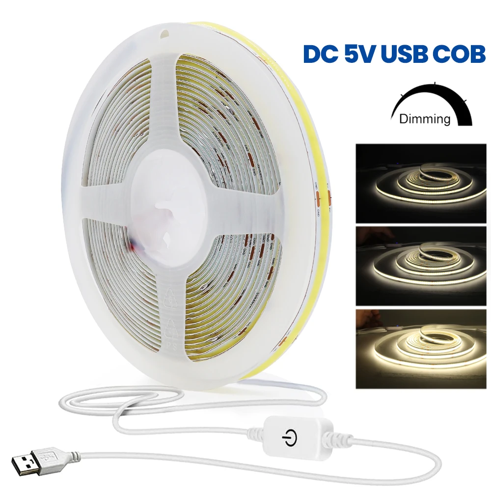 

DC 5V COB LED Strip USB Powered Flexible Ribbon Tape with Touch Dimmer 320LEDs/m Soft Light Bar White/Warm White/Red/Blue/Green