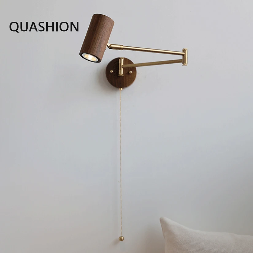 QUASHION Stylish Modern Hotel Wall Lamps Wood Material Body Iron Swing Rotatable Sconce Light Spot Bulb Lustres With Pull Switch