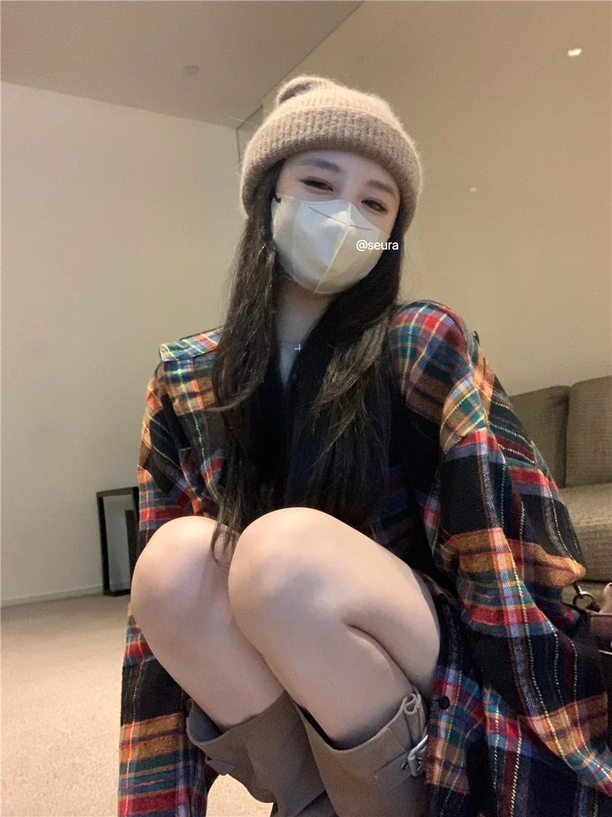 Retro plaid polo collar shirt jacket women's mid length loose fitting shirt chic top