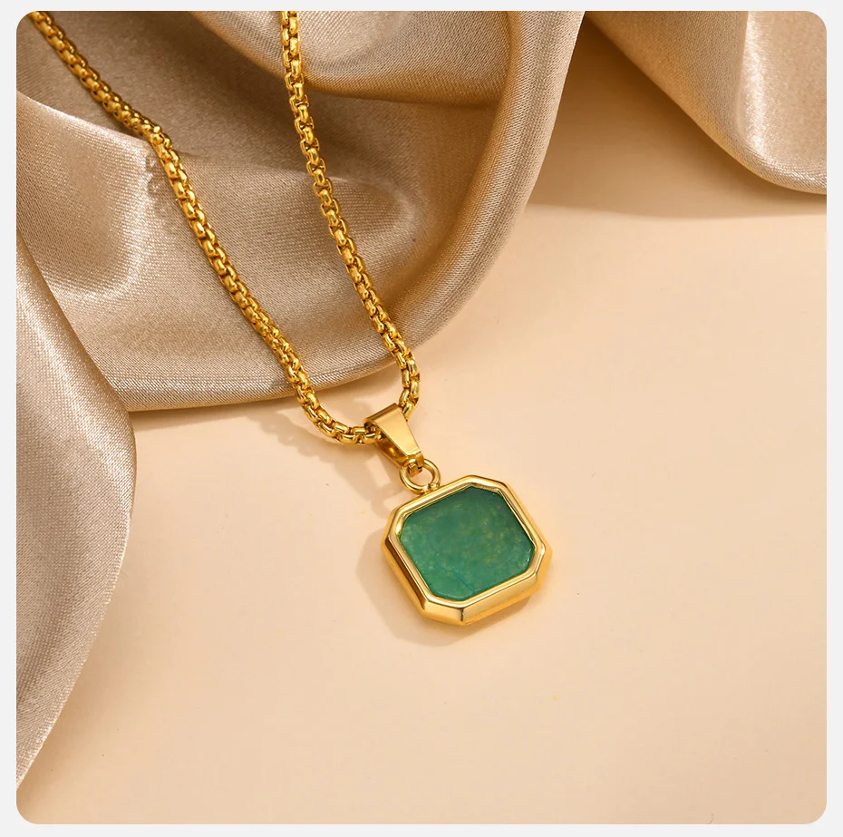 Vnox Quadratische Naturstein-Halskette für Männer und Frauen, geometrischer Anhänger aus Edelstahl mit Box-Kette, Geschenke, Schmuck – Detail 5