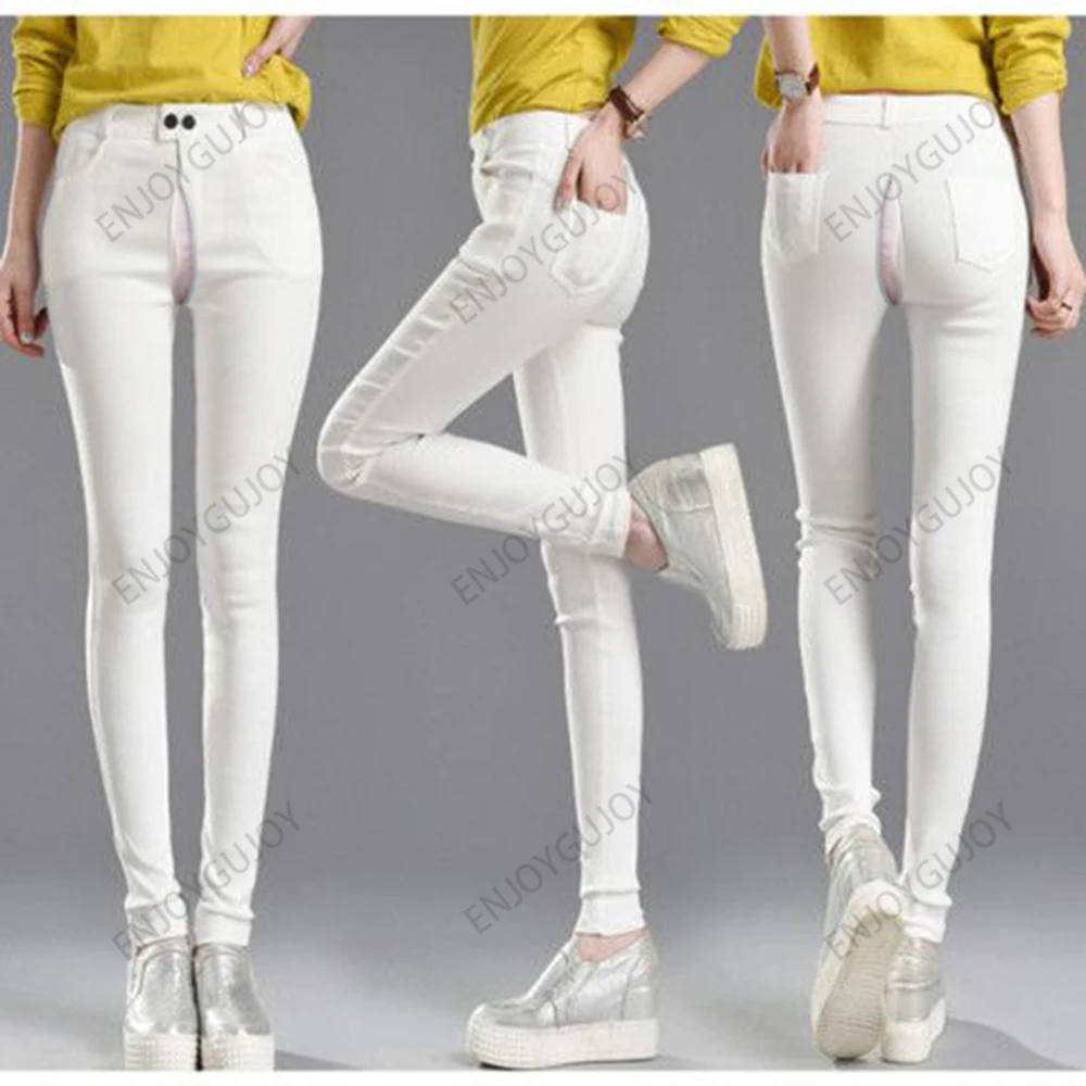 Fake Cowboy Leggings Ms Invisible Open Crotch Outdoor Sex High Waisted Elasticity Slimming Pencil Pants Small Feet Trousers