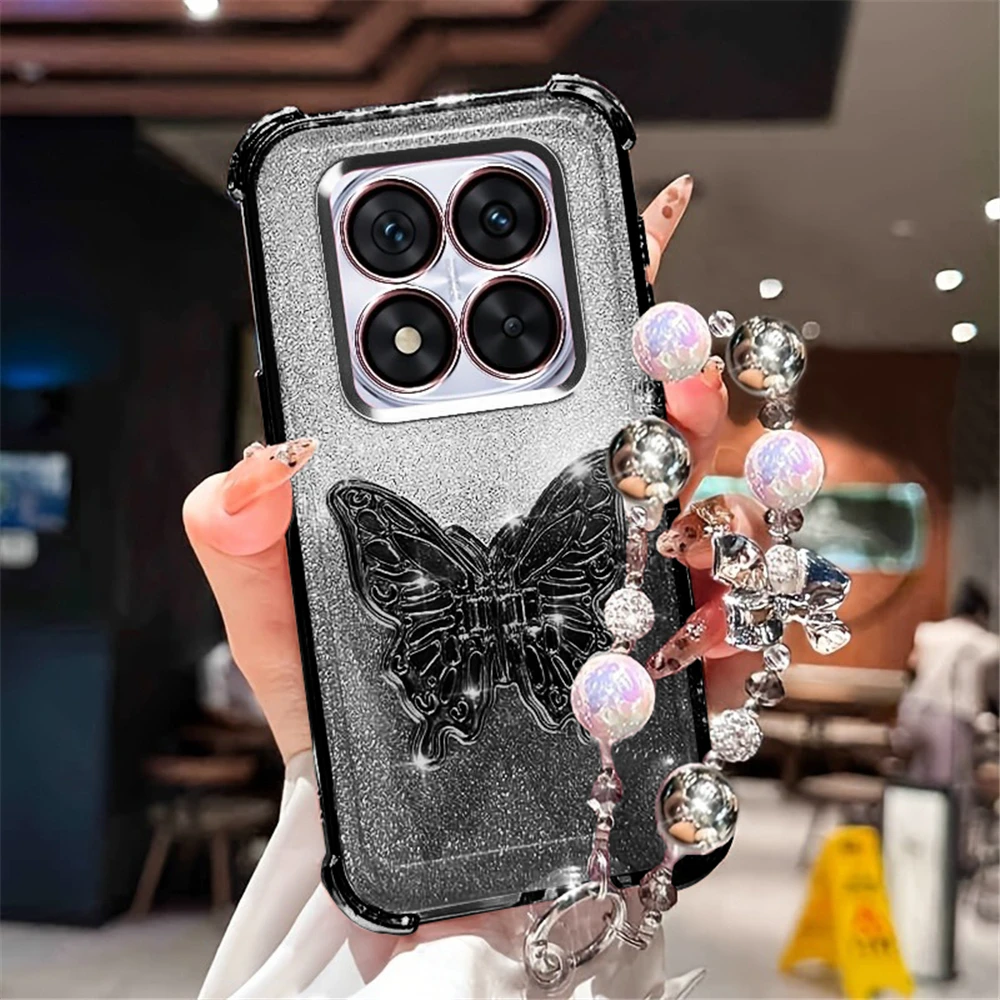 Glitter Plating Butterfly Holder Phone Case with Bracelet - Soft Silicone Shockproof Cover