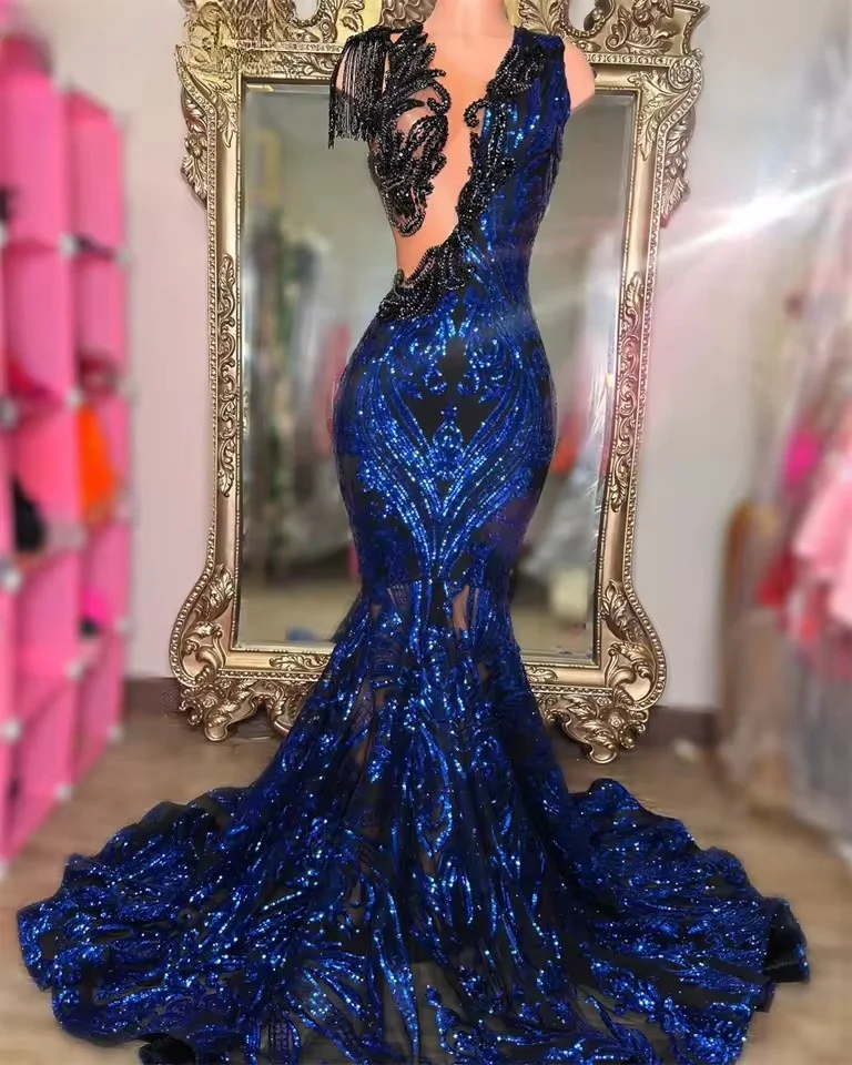 Sparkly Royal Blue Diamonds Mermaid Prom Dress Sequins Gown Bead Crystal  Tassels Wedding Birthday Party Dress Customized - AliExpress 320