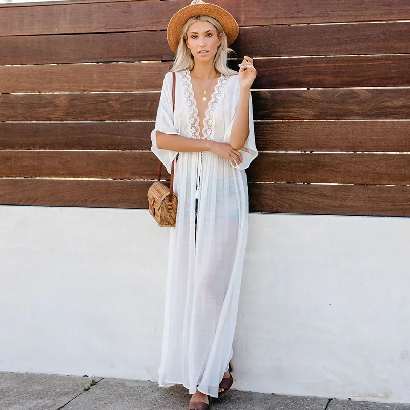 Women Beach Dress Swimwear Sexy Lace Bikini Cover Up Kaftan Swimming Suit Crochet Open Front Maxi White Long Kimono Coverup Cape 3