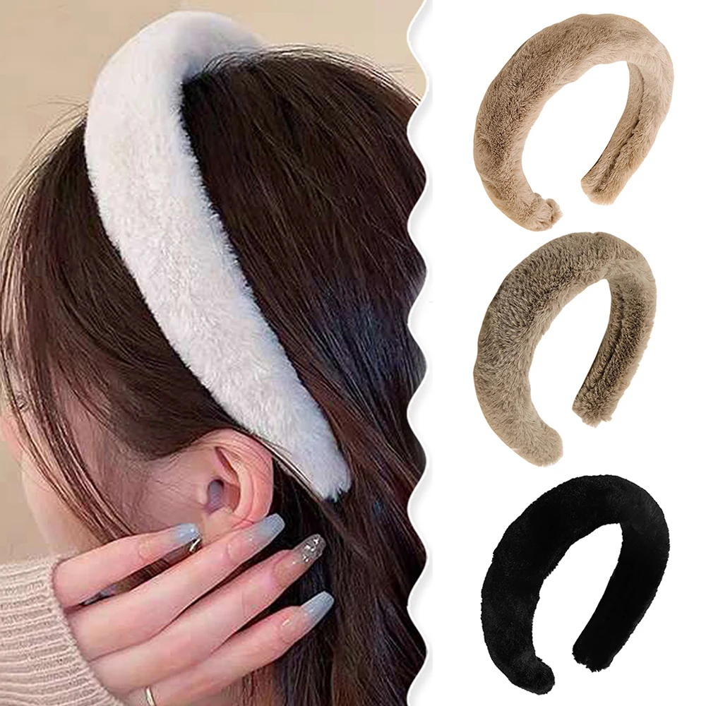 

Winter Soft Fluffy Furry Hair Hoop Hair Accessories Faux Rabbit Fur Headbands Plush Wide Hairbands Simple Handmade Pure Color