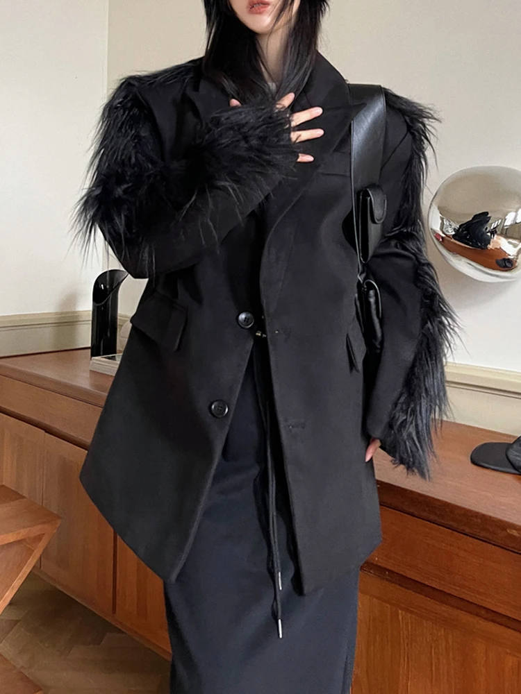 ZMEENNA معطف نسائي صوف بأكمام طويلة مرقع من الفرو...