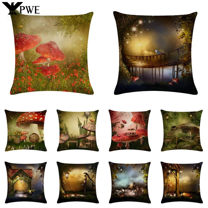 

Mushroom Fairy Tale Garden Printed Linen Pillowcase Sitting Room Sofa Seat Decorative Cushion Cover