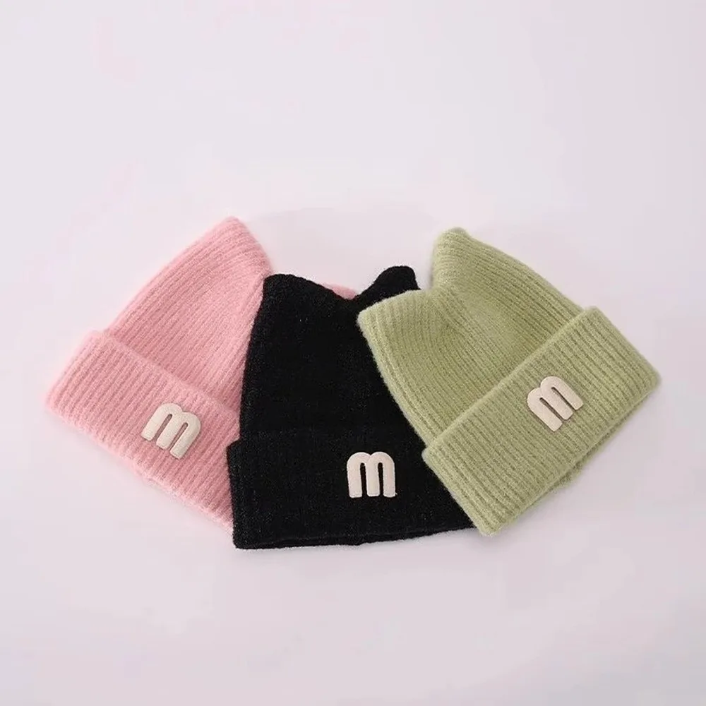 New Solid Color Knit Hat Keep Warm Letter Cap Cold Protection Toddler Beanie Cap Outdoor