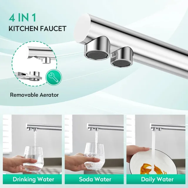 ก๊อกน้ำอ่างล้างจานแบบ 4 ทาง พร้อมฟังก์ชั่นน้ำโซดา ก๊อกผสมน้ำ 4 in 1 น้ำโซดา น้ำกรอง  วัสดุสแตนเลส 304  ผิวสีนิกเกิลขัดเงา ได้รับมาตรฐาน CUPC และ CE 3