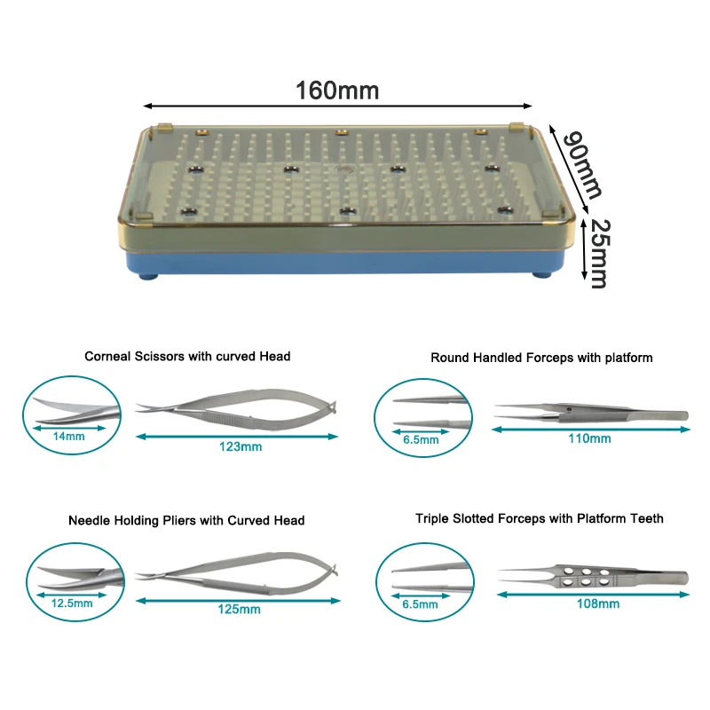 

Ophthalmic Forceps with Platform Curved Needle Holder Scissors Sterilization Tray Case Ophthalmic Instrument Stainless Steel