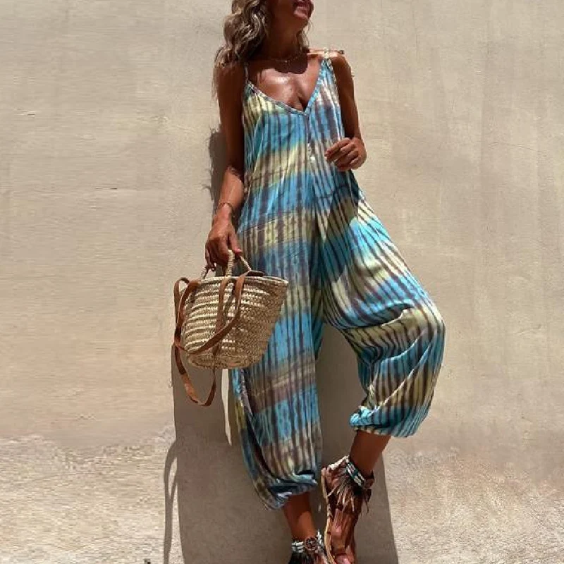 

Fashion Casual Backless Holiday Beach Playsuits Summer Striped Print Deep V Neck Jumpsuits Female Sleeveless Loose Long Rompers
