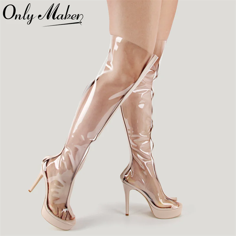 Onlymaker Women Peep Toe Transparent PVC Pumps Platform Zipper