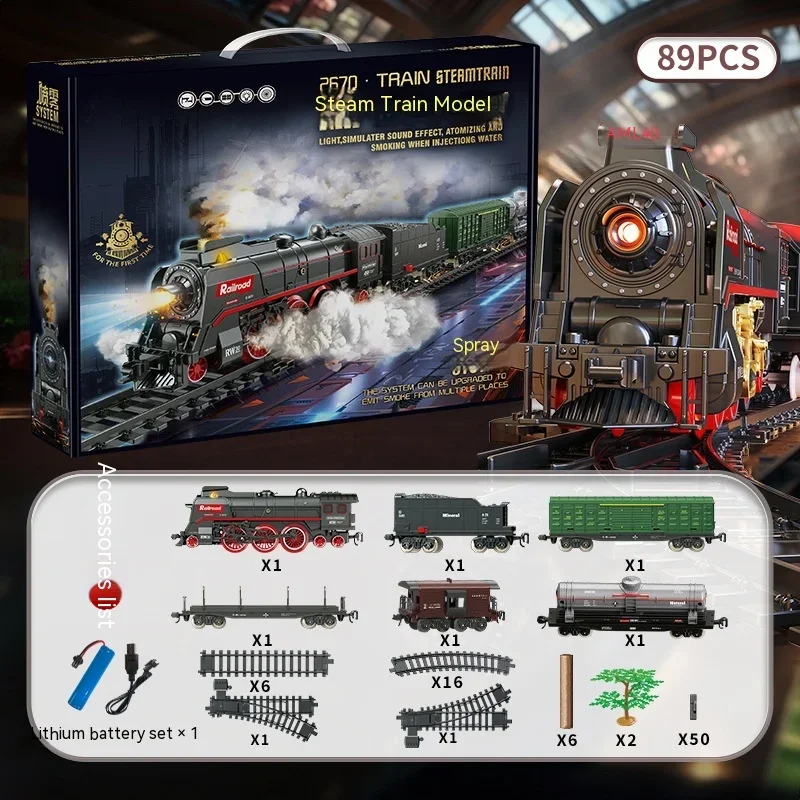 Retro Steam Train Track Suit Simulation Electric Spray Light Small Train Model Boy Gift Toy