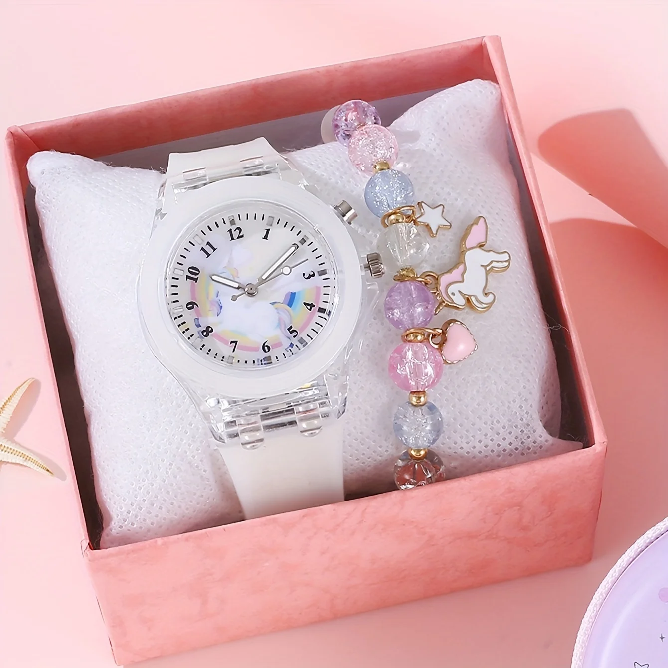1/2pcs/set, 1pc Girls Light LED Luminous Cartoon Unicorn Quartz Wristwatch & 1pc Beaded Bracelet, Ideal choice for Gifts 3