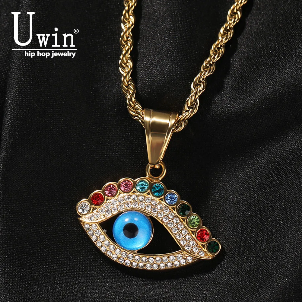 

Uwin Blue Eyes Pendant Evil Eye Necklace Stainless Steel Colored Rhinestones Hip Hop Jewelry Iced Out Fashion Charm Gifts