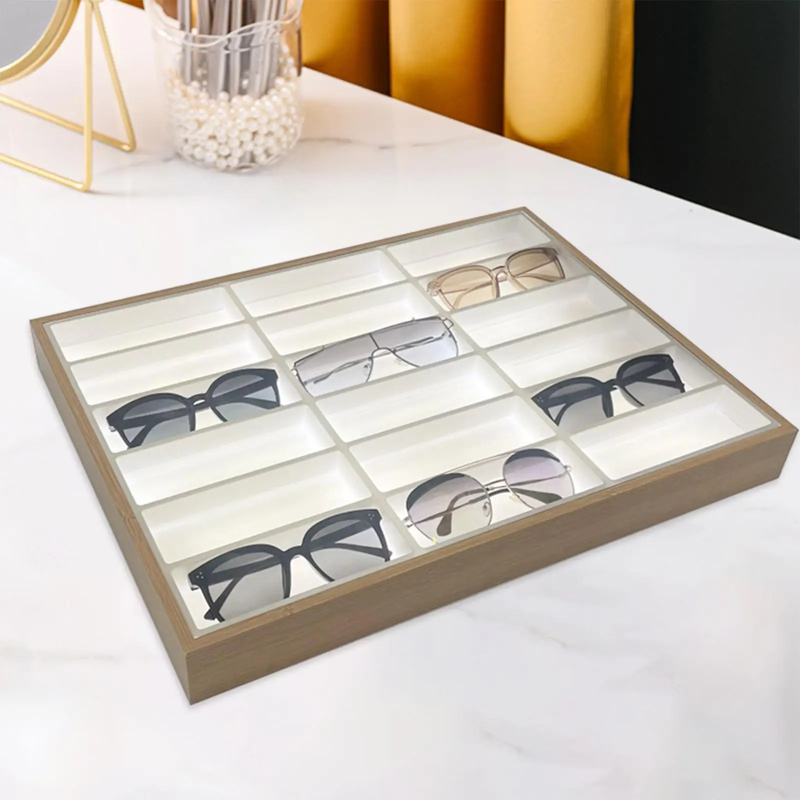 18 Grids Wooden LED Backlight Glasses Display Tray Large Capacity Powered by Power Bank Holder for Eyeglass Sunglasses Tray