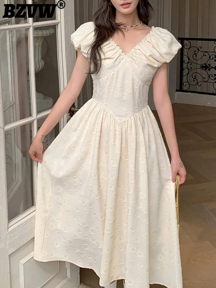 

BZVW Jacquard Designer Gathered Waist Dress Women V-neck Puff Short Sleeves Elegant Long Dresses Female 2024 Summer New 25C109