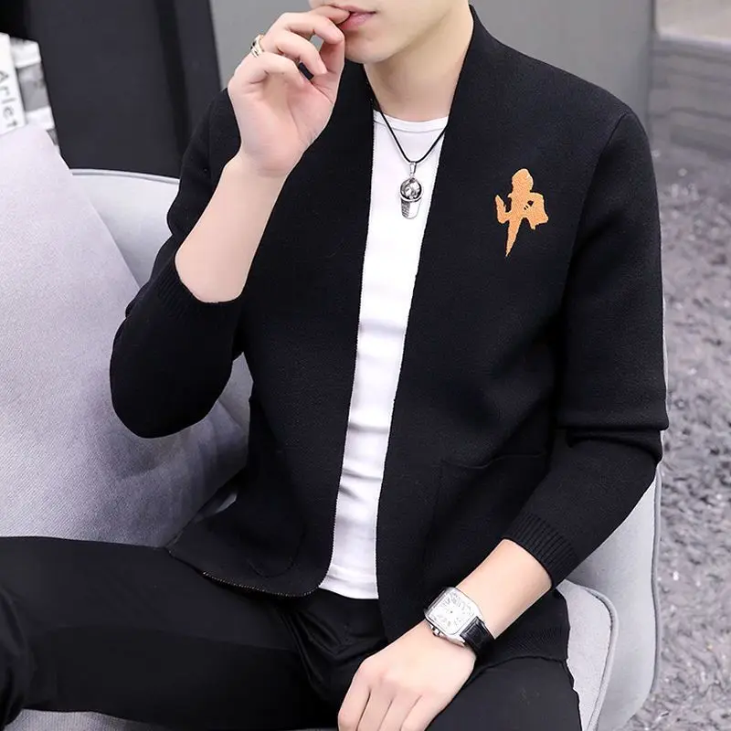 Men Autumn Winter New Fashion Casual Style Stand Collar Cardigan Sweater Plaid Pockets Spliced Leisure Long Sleeve Knitted Coat