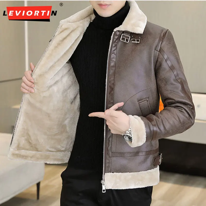 

Winter Fur Leather Jacket Men Fashion Plus Velvet Padded Warm Motorcycle Jacket Casual Business Social PU Overcoat Men Clothing