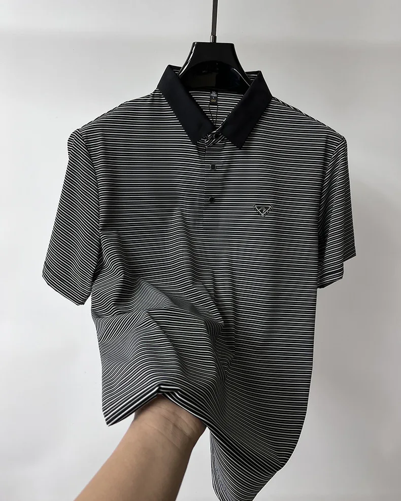 High end brand trend ice silk striped short sleeve polo shirt men's 2024 summer new fashionable print hot diamond casual T-shirt 14 Sd4be24ce16c64d9ebd0746252f8caa85P