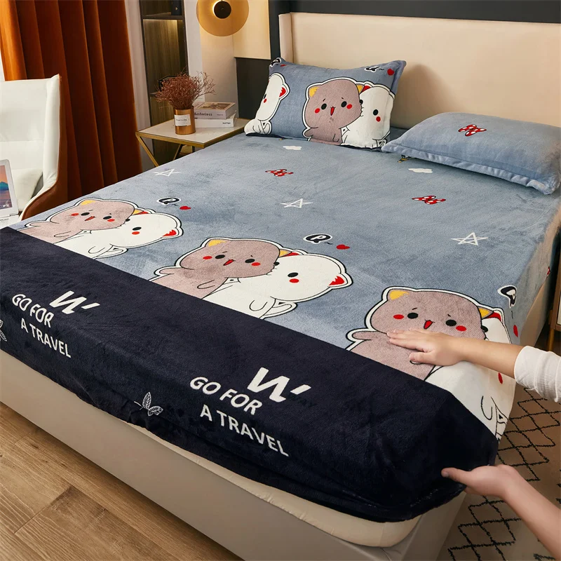 Thick Flannel Fitted Sheet Warm Soft Winter Queen King Bed Size Printed Style Thicken Bed Sheet (Not Including Pillowcases) 3