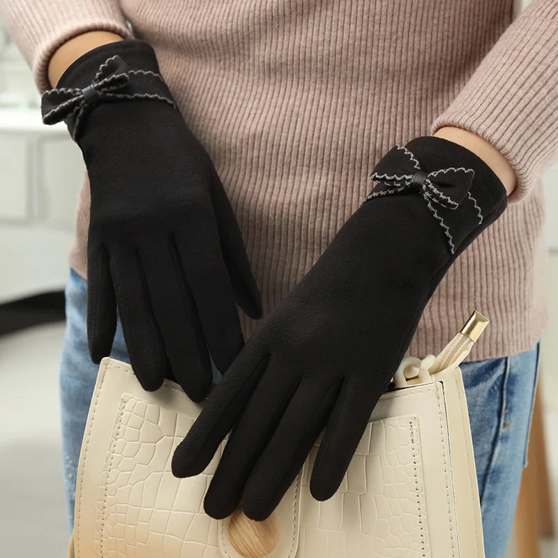 

Women Gloves Autumn Winter Keep Warm Touch Screen Plus Velvet Thin Windproof Cold Protection Cute Lovely Sweety Bow Drive