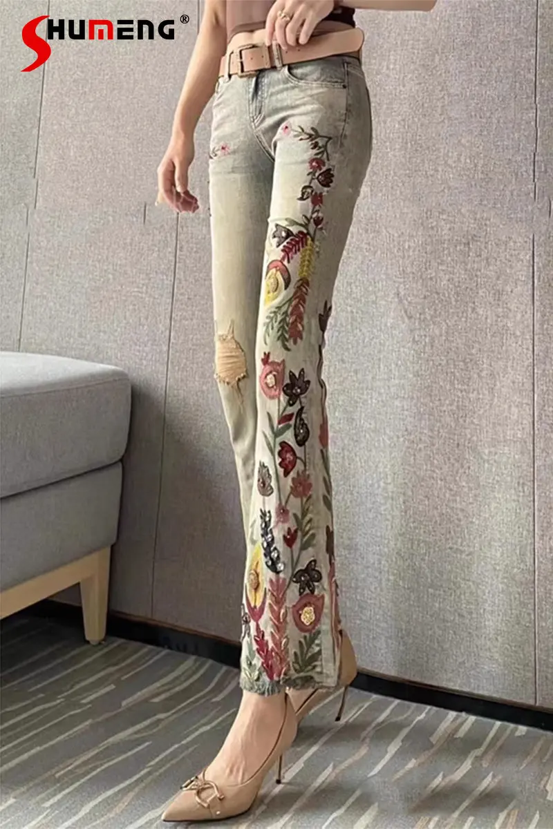 

Exquisite Embroidered Flowers Beaded Skinny Jeans for Women 2023 New Spring and Summer Pants Stretch Slimming Denim Flared Pants