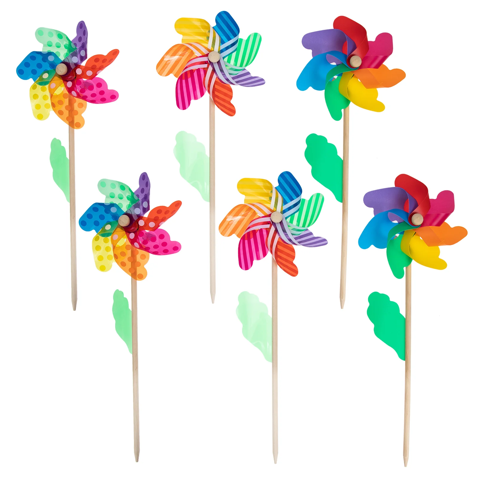 6 Pcs Colorful Wooden Rod Windmill Kids Toy Garden Decorations Plastic Pinwheels For Diy Crafts Outdoor Fun Sports Games