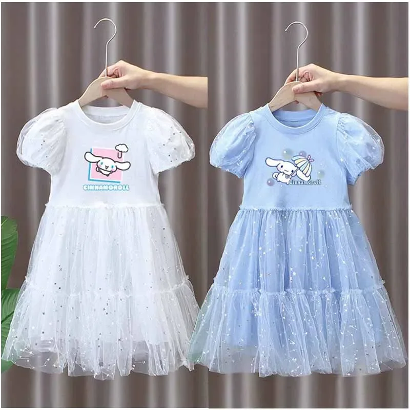 

Летняя одежда для девочек Sanrios с мультяшным аниме Cinnamoroll, юбка с коротким рукавом, платья, милое детское праздничное платье принцессы