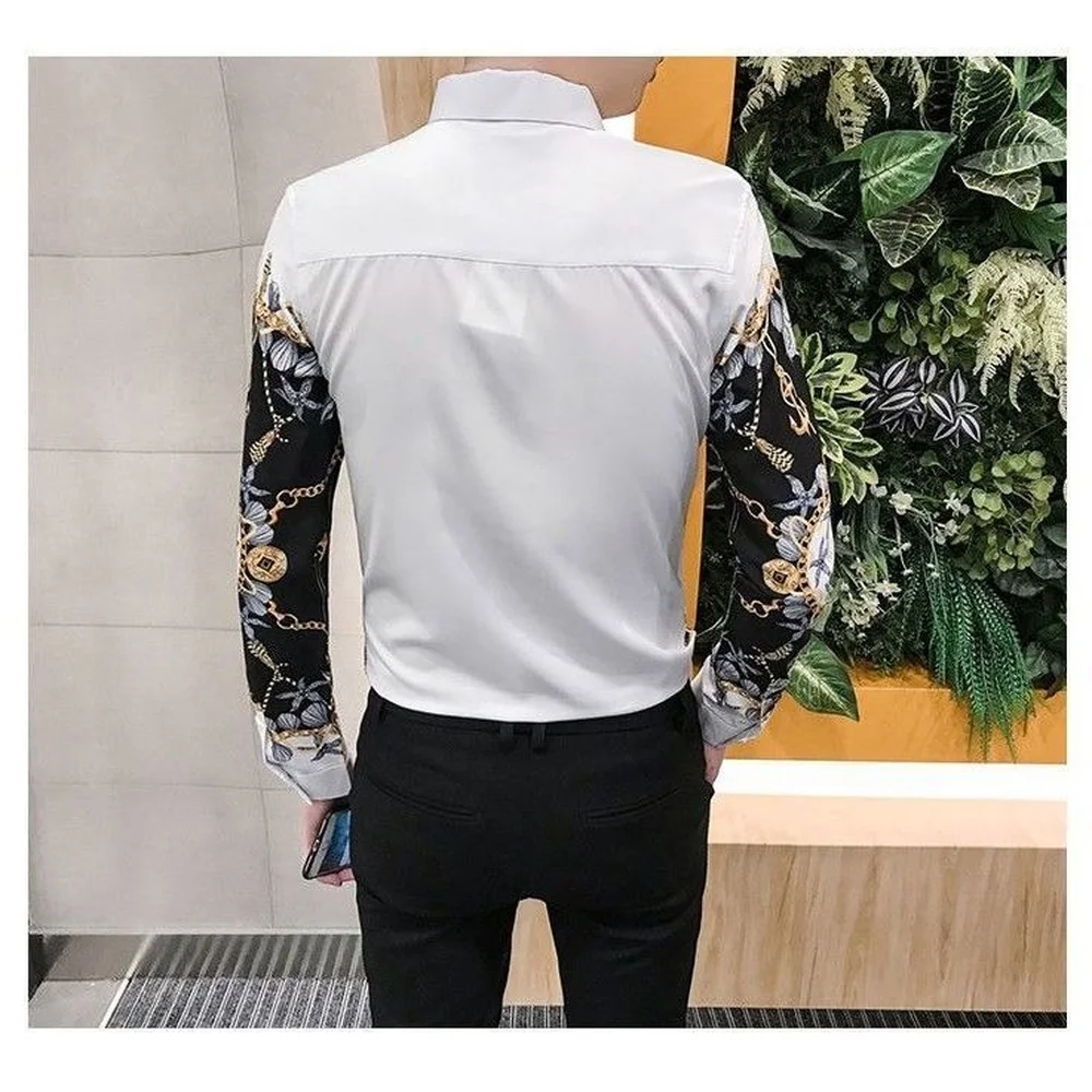 Summer Men's Fashion Long Sleeve Shirts,Lapel  Stand Collar Button Up Shirts，Mens Long Sleeve Print Shirt  Retro British Clothes