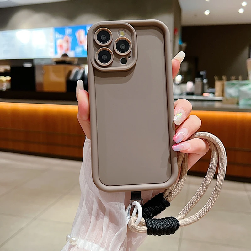 thumbnail image 1 of Funda de teléfono de lujo con cordón suave mate para iPhone 15, 14, 13, 12, 11, 16 Pro Max, X, XS Max, XR, 7, 8 Plus, correa de mano, funda a prueba de golpes, 1 of 5