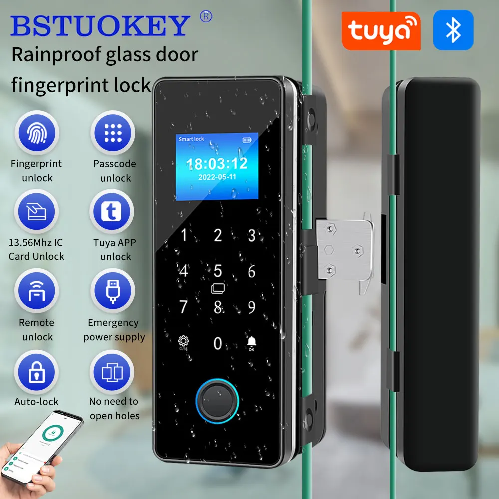 Waterproof Tuya APP Control Sliding Glass Door Lock Fingerprint Smart Lock Bluetooth RFID Card Electronic Glass Door Boltlock