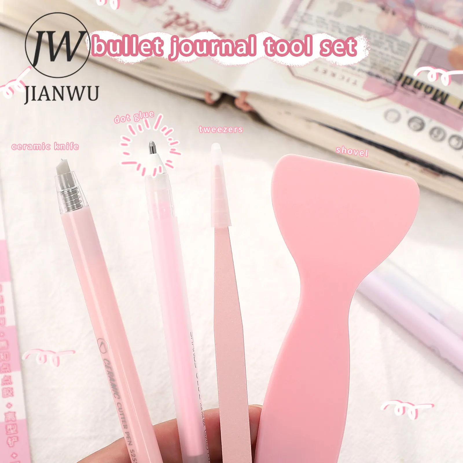 JIANWU 4 Pcs Cute Journal Tools Stationery Set Creative Dot Glue Pen Carving Knife Shovel Tweezers DIY Handmade School Supplies