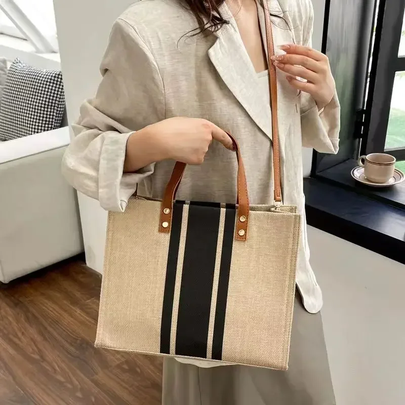Women's Woven Crossbody Tote Bag Striped Simple Shoulder Bag Large Capacity Commuter Linen Tote Bag