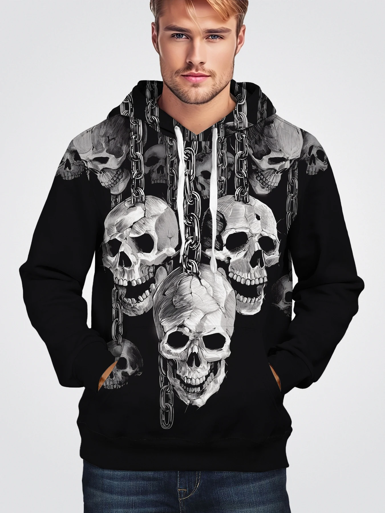 

Dark Chain Skull Men's Long Sleeve Hoodie 3D All Over Print Casual Spring Autumn Pullover Hooded Jumper Streetwear Punk Clothing