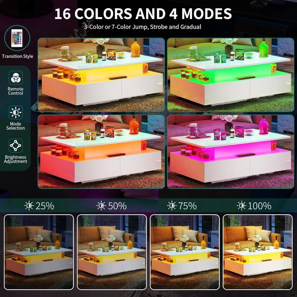 LED Lift Top Coffee Tables for Living Room, High Glossy Coffee Table with Storages 4 Spacious Drawers, Modern Rectangular Coffee 4