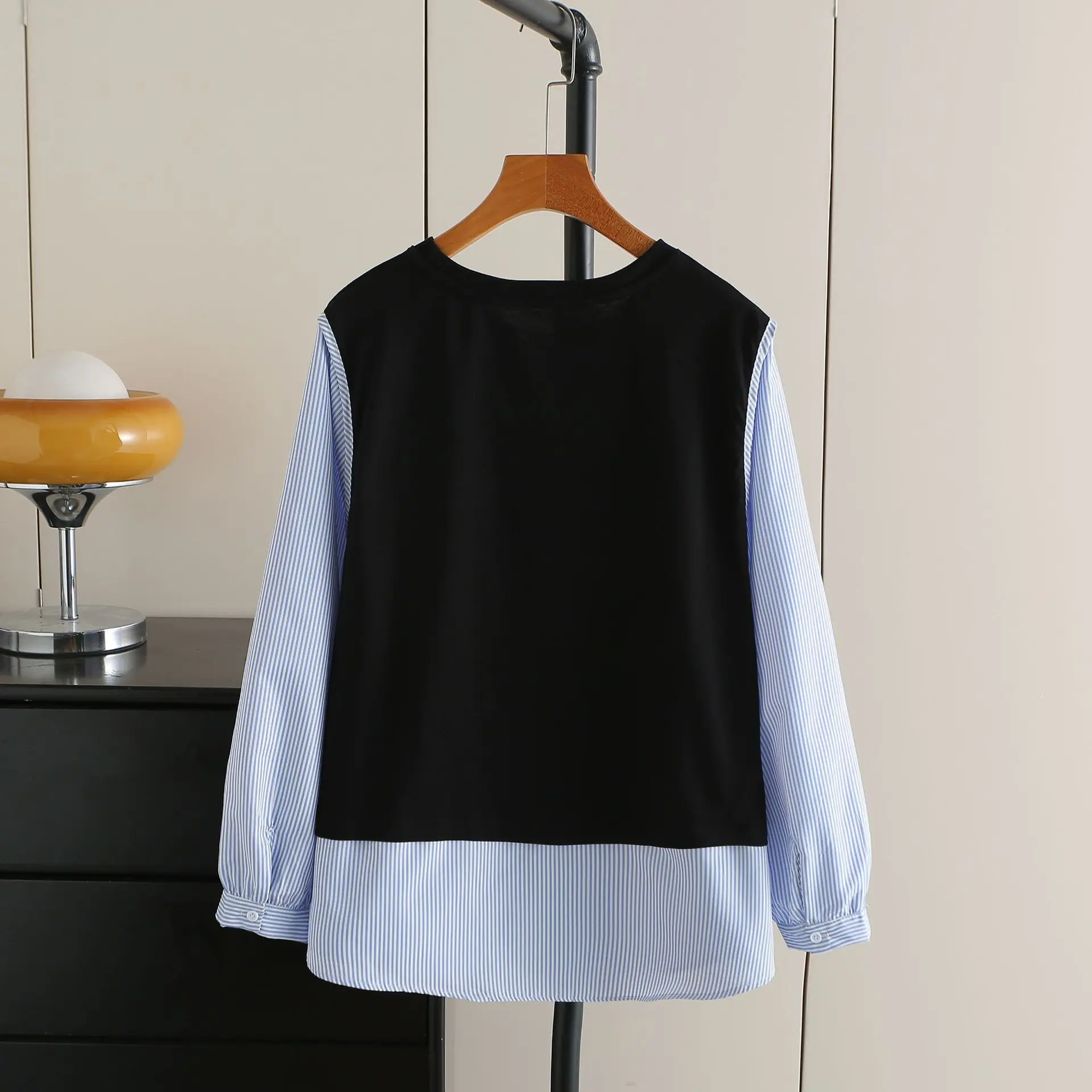 Fashion Plus Size Women's Blouses Autumn New Classic Fake Two Pieces Casual Striped Patchwork Shirt 8032