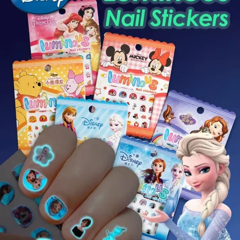 Disney Girls Children Nightglow Nail Stickers Ice and Snow Romance Princess Elsa Cartoon Sticker Toys